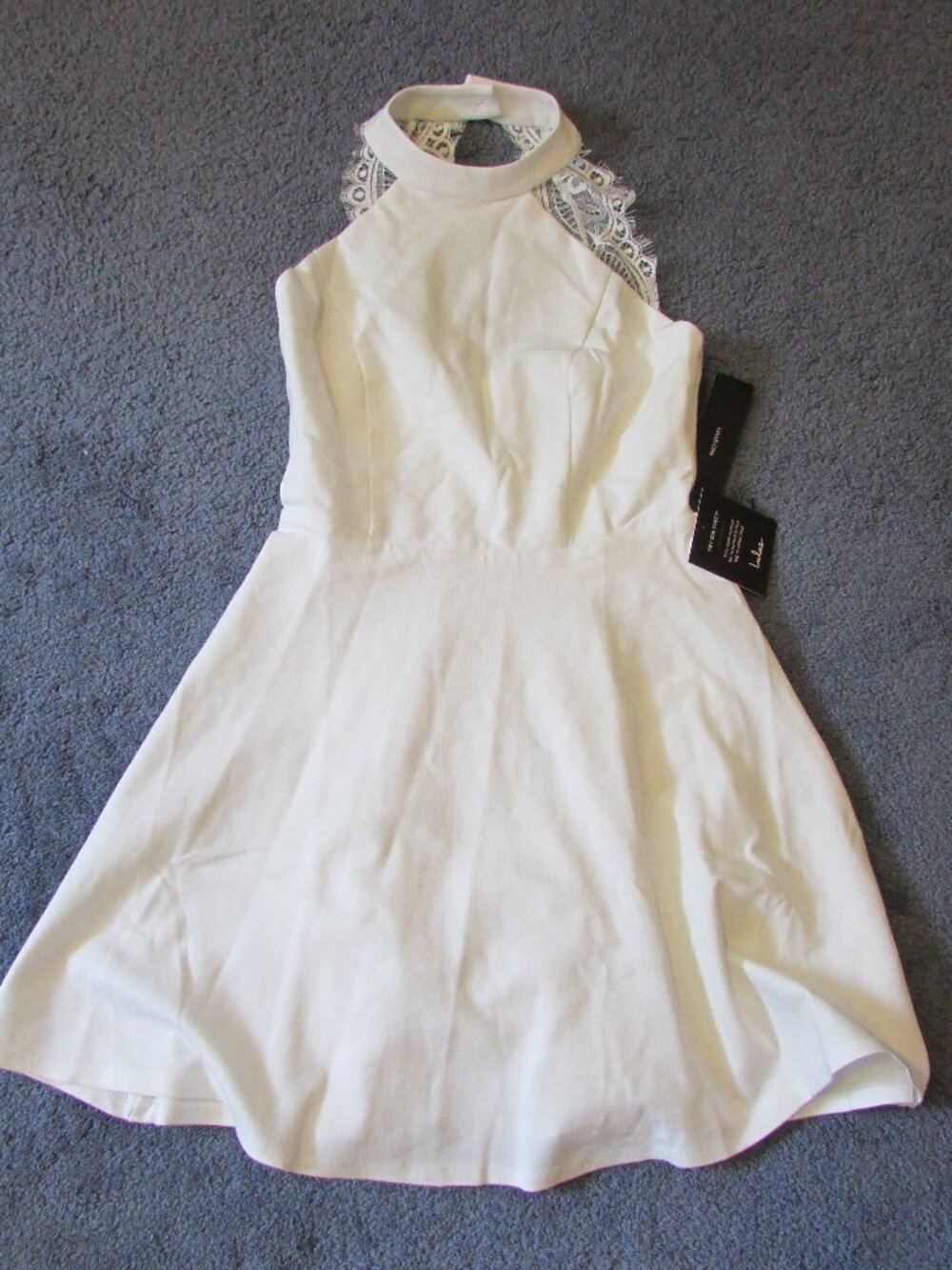 NWT Lulus White Halter Neck Fit & Flare Lace Trim Back Mini Dress Size S